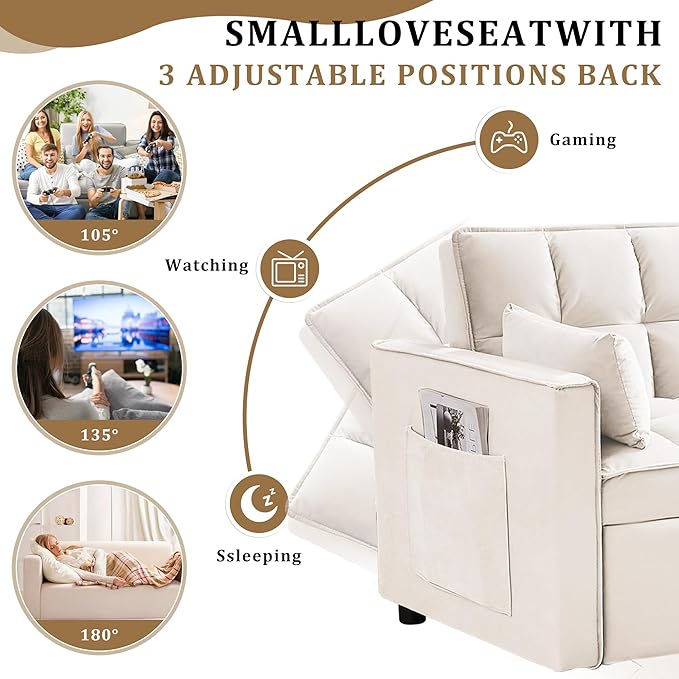 Sleeper Sofa Bed55 Inch Convertible 3-in-1 Pull Out Bed with Side Pockets Velvet Fabric Loveseat Sleeper Sofa with Adjustable Backrest for Living RoomBedroomApartment and Small Space(White)