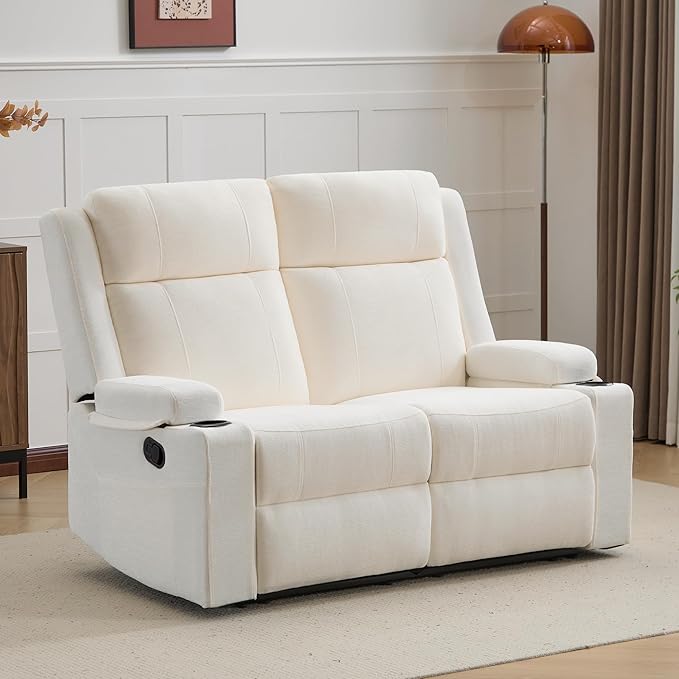55 Loveseat Recliner Sofa with Cup Holders Manual Double Reclining Couch in Chenille Fabric Wide Seat &amp Side Pockets for Living Room Small Spaces Apartment and RV