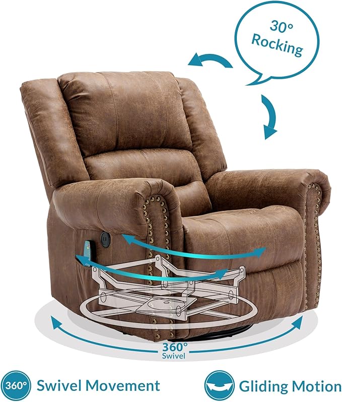 Manual 360 Degree Swivel Glider Rocker Recliner Chair with Massage and Heat USB Ports and 2 Side Pockets Bronze Suede Like Fabric Brown
