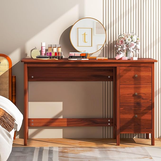 Computer Desk 48 Inch Home Office Desks with Drawers Modern Makeup Vanity Table Teens Writing Gaming Desk White Desk with Drawers for Bedroom Study Office (Brown)