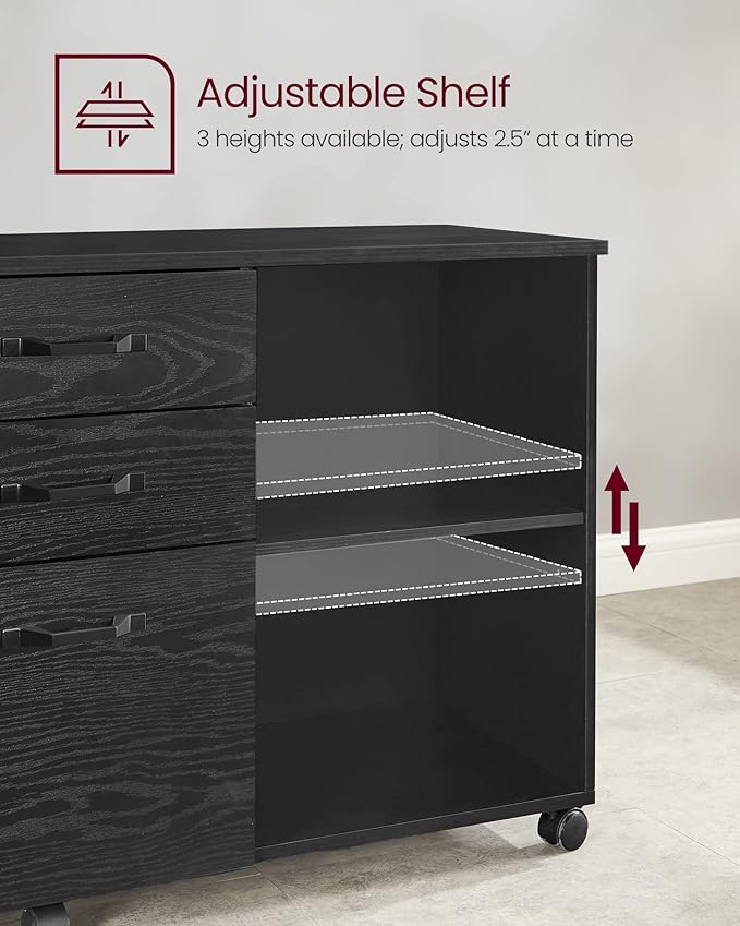VASAGLE Lateral File Cabinet Home Office Printer Stand 3-Drawer Mobile Filing Cabinet with Open Storage Shelves for A4 Letter-Size Files Black with Wood Grain UOFC041B56