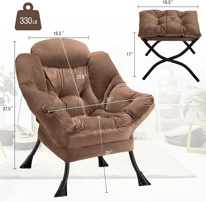 Lazy Chair with Folding Ottoman Modern Large Accent ChairContemporary Lounge Leisure Sofa Chair with Armrests Upholstered Sofa Armchair Reading Chair for BedroomDorm &amp Office(Dark Brown-f)