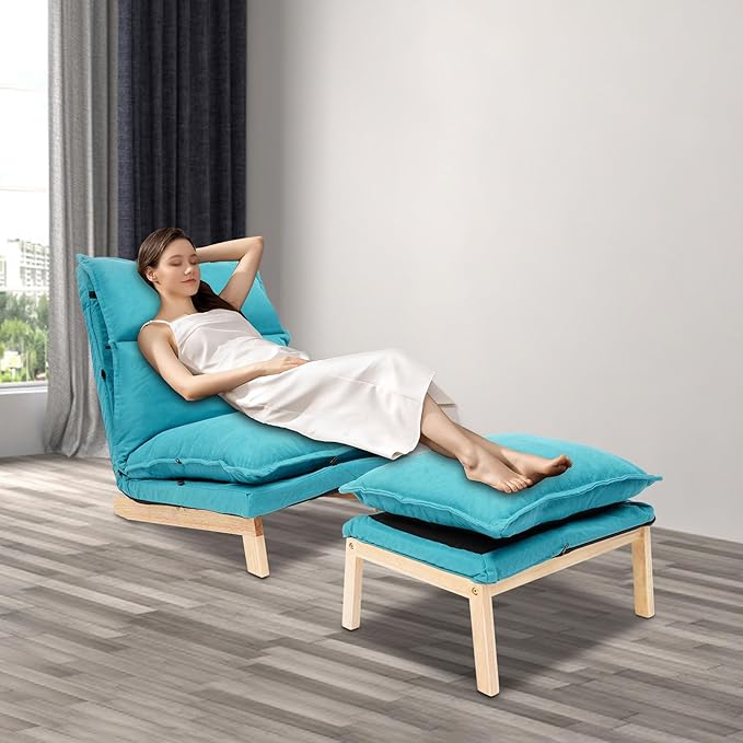 Modern Sofa Bed Chair with Ottoman 5-Position Adjustable Recliner Lounge - Accent Reading Chair for Bedroom Living Room Balcony - 330lbs Capacity (Blue)
