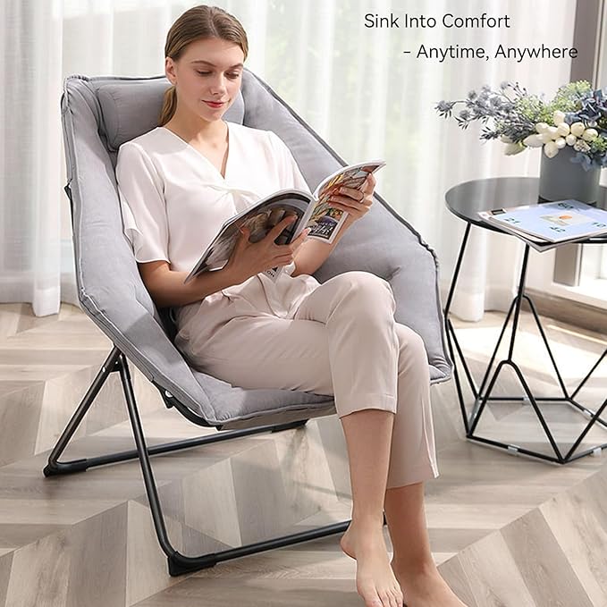 Hexagon Foldable Living Room Chair Saucer Chair for Adults Comfy Bedroom Lounge Chair Moon Chair Lazy Folding Chair for Dorm Rooms (Chair-Grey)