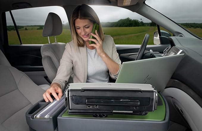 AutoExec GripMaster Car Desk for Your Vehicle Workstation and Mobile Office Army Green with Printer Stand and 400 watt Power Inverter
