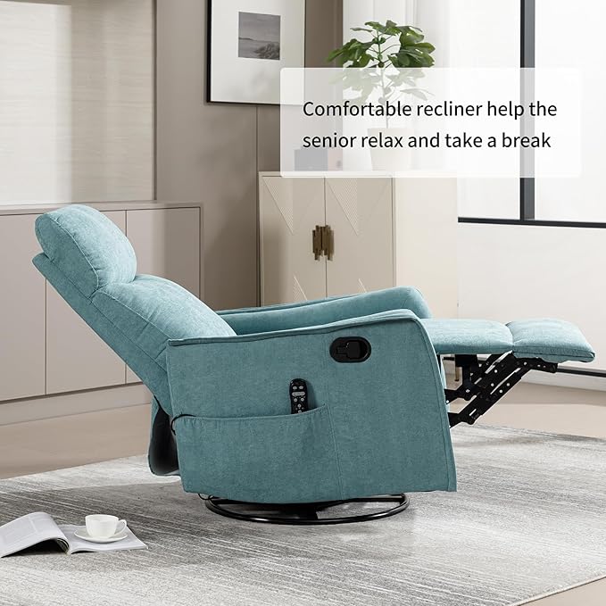 Rocking Recliner Chair with Heat and Massage 360° Swivel Glider Rocker with Reclining Backrest and Footrest Modern Nursery Rocking Chairs for Adults for Bedroom Living Room Office (Blue-Green)