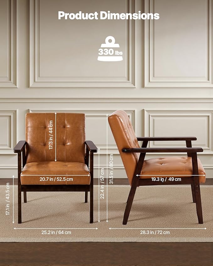 VEVOR Accent Chair Mid Century Modern Armchair with Solid Wood Frame and Non-Slip Legs Upholstered Leisure Chair with PU Leather and Soft Cushion for Living Room Bedroom Office