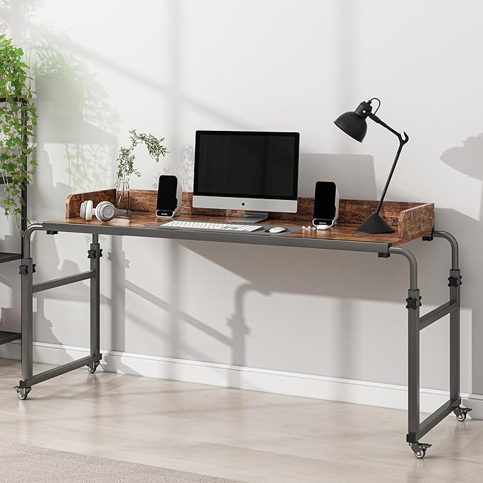 Overbed Table with Wheels Bed Desk Recliner Table Adjustable Height Laptop Table Queen King Size Over The Bed Table with Wheels &amp Heavy Duty Metal Leg Laptop Desk for Recliner (Rustic Brown)