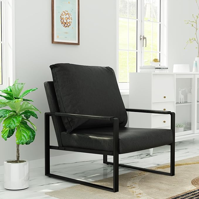 AWQM Modern PU Leather Accent Chair Arm Chair with Extra-Thick Padded Backrest and Seat Cushion Sofa Chairs for Living Room Bedroom 105 Degree Slant Back Non-Slip Adsorption Feet-Black（Set of 1）
