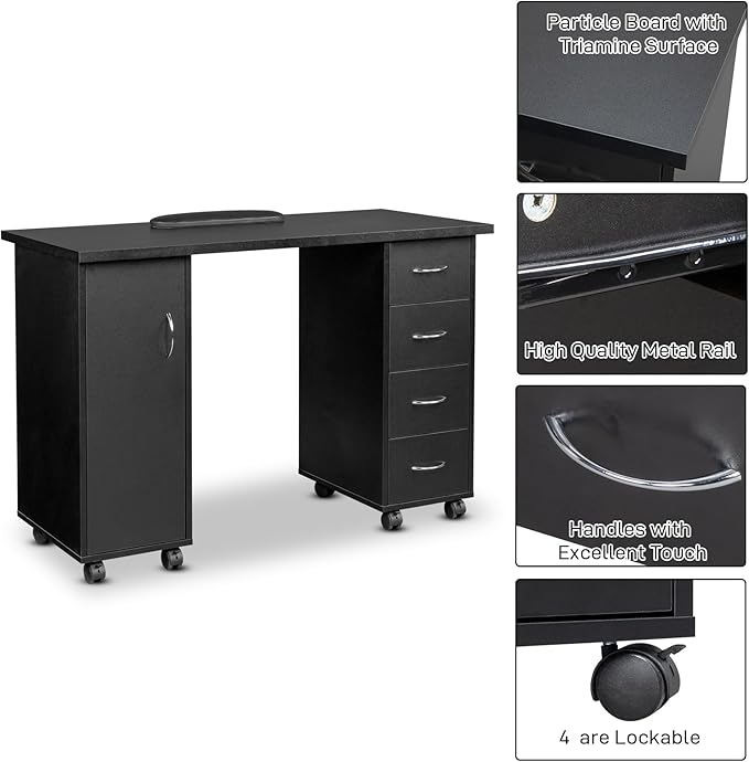 Black 47 Computer Desk with 4 Storage Drawers and Door Mobile Home Office Desk Study Writing Desk with Smooth Wheels Space Saving Compact Desk for Dorm Apartment Rolling Desk Table 120 x 54 x 80CM