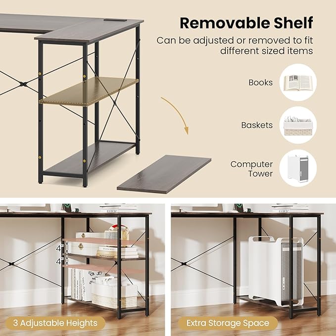 Tangkula L-Shaped Computer Desk with Reversible Shelves 48 Inch Corner Computer Desk Modern Writing Study Desk Home Office Workstation Space Saving Design (48 Inch Gray)