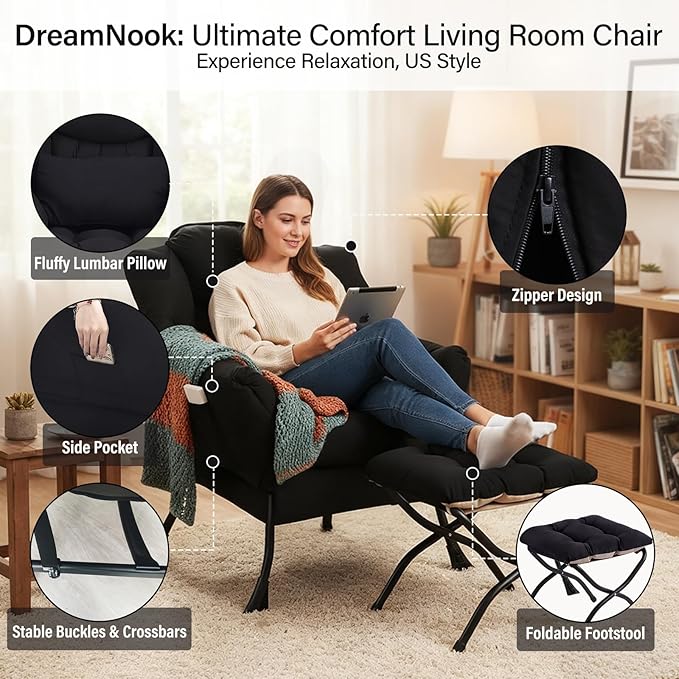 Lazy Chair with Ottoman Modern Accent Chair with Lumbar Pillow Black Sofa Armchairs with Folding Footrest Oversized Supportive Chairs for Bedroom Reading