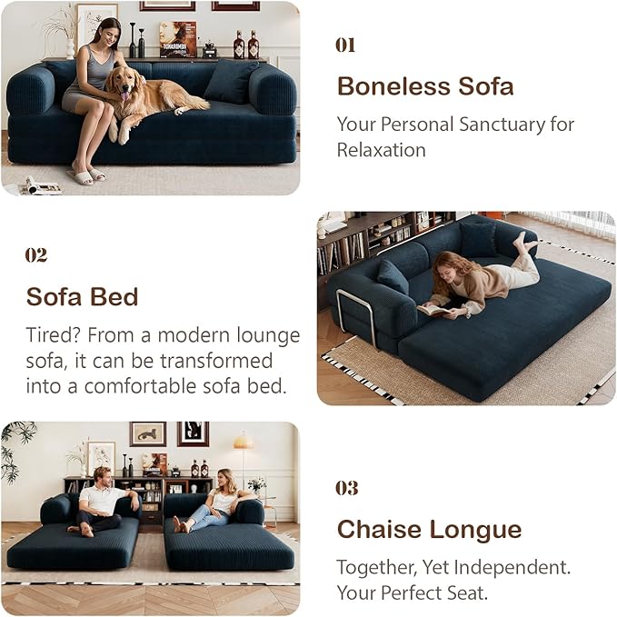 78.8 Corduroy Convertible Sofa Bed with Stainless Fixed-Shape Frame 4-in-1 Boneless Loveseat with Pull-Out Bed Lounge Futon Sofa Couch Floor Mattress for Living Room No Assembly Required(Blue) | C