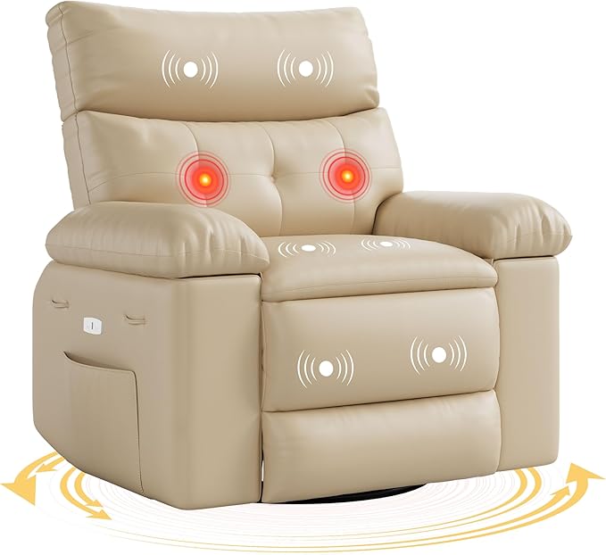 GarveeHome Electric Swivel Massage Chair Power Rocking Recliner with Vibration and Heating Overstuffed PU Leather Single Sofa with USB Port and Storage Glider for Living Room Nursery
