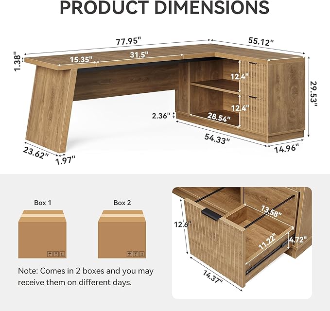 LITTLE TREE 78-Inch L-Shaped Executive Desk Modern Desk with Drawers &amp File Cabinet Large Walnut Office Workstation with Storage Shelves for Home Office