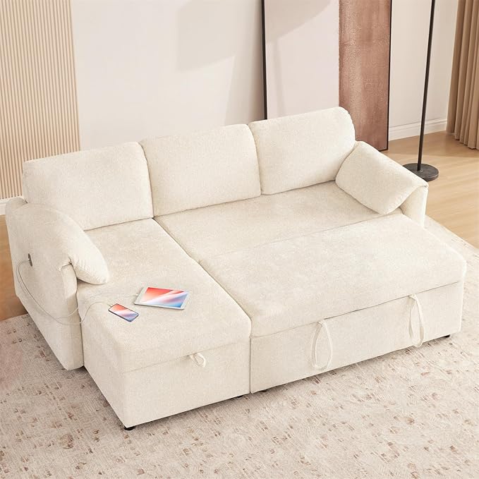 Tbfit 83'' 3 in 1 Sleeper Sofa Couch with USB &amp Storage Chaise Sherpa Sofa Bed with Pull Out Bed Convertible Sleeper Sofas for Living Room Small Spaces White
