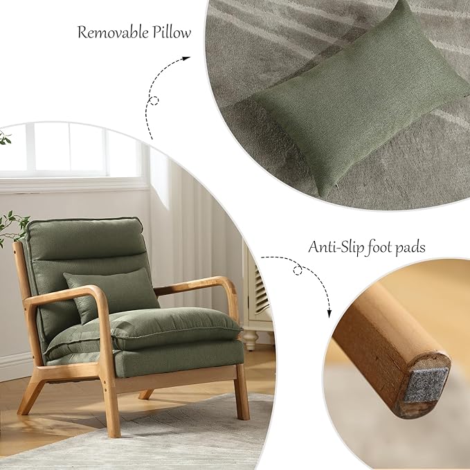 INZOY Mid Century Modern Accent Chair with Wood Frame Upholstered Reading Armchair with Waist Cushion Double Padded Accent Chair Side Chair for Living Room Bedroom Office Easy Assembly Green