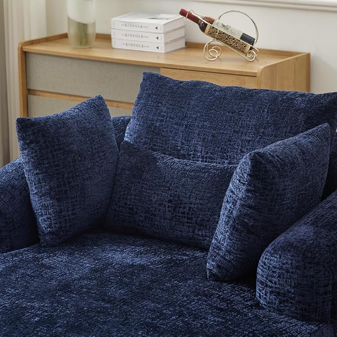 Oversized Chaise Longue Chair Indoor Modern Upholstered Chenille Deep Seat Sofa Bed with Throw Pillows and Armrests Sleeper Sofa Couch for Living Room Bedroom Apartment (Blue)