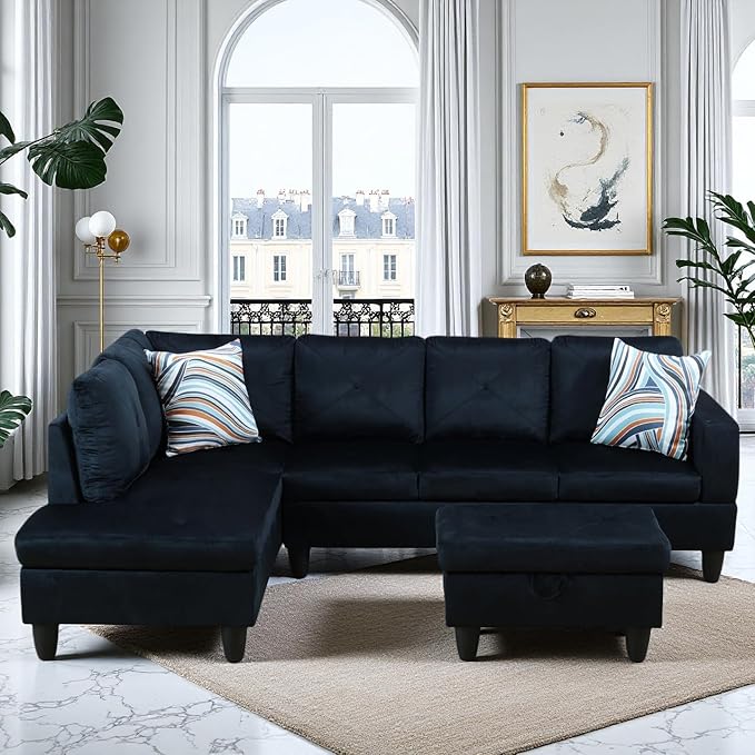 Sectional Couches for Living Room Furniture Sets 4 Seat L Shaped Couches with Ottoman Modular Sectional Sofa for Apartment Furniture Sets Dark Blue