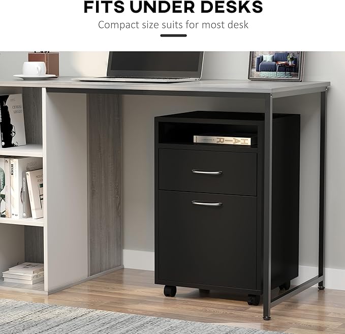 Black Mobile Storage Cabinet with Drawer and Cabinet Open Storage Space Rectangular Portable Filing Cabinet Traditional for Office Study Room