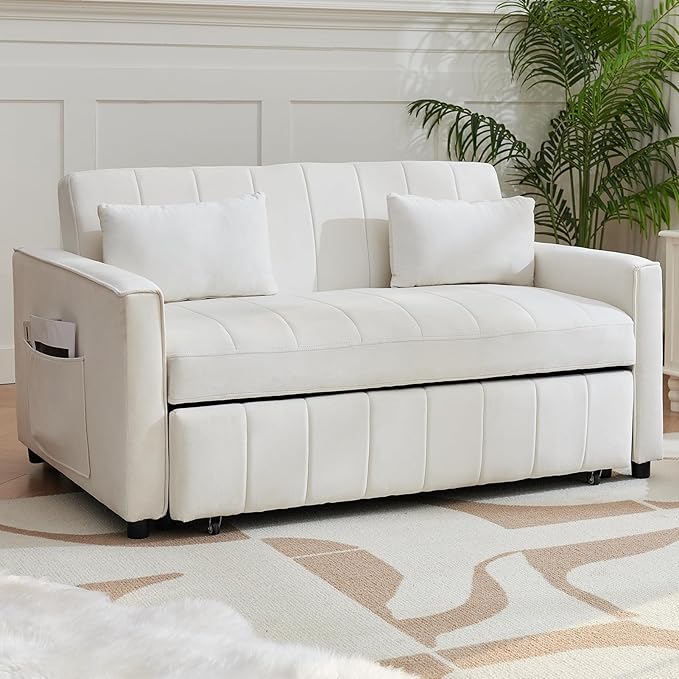 Convertible Sofa BedVelvet Sleeper Sofa Bed with Side Pockets 3 in 1 Pull Out Couch with Adjustable Backrest for Living Room Bedroom Apartment White