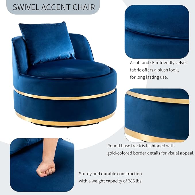 Harper &amp Bright Designs 360 Degree Swivel Accent Chair Velvet Modern Upholstered Barrel Chair Sofa Couch Soft Chair with Seat Cushion for Living Room/Bedroom/Office/Apartment Blue