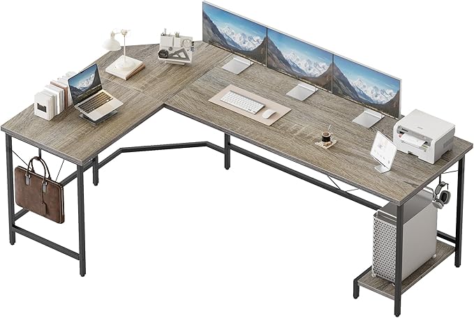 Mericonia 66 inch Large L Shaped Desk Simple Corner Gaming Desk with CPU Stand &amp Hooks Computer Desk for Home Bedroom &amp Office Workspace Grey