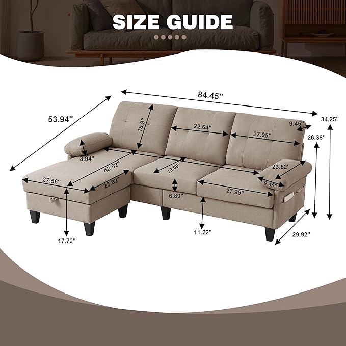 84 Convertible Sectional Sofa Deep 3-Seat L Shaped Sectional Couch with Ottoman Deep Seat Cushions Modern Linen Couches for Living Room Apartment and Small Spaces (Beige)