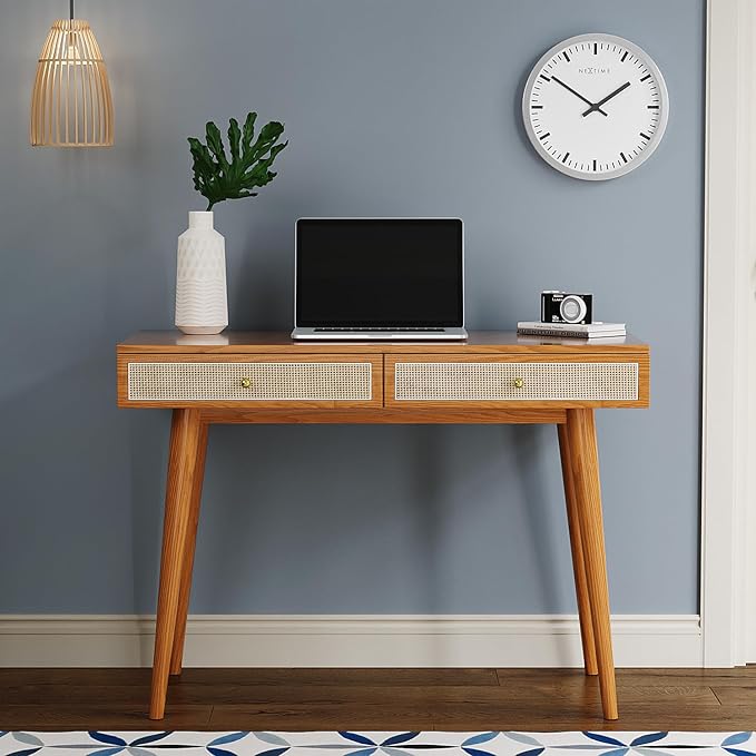 Mid-Century Modern Solid Wood Desk with Drawers – 45 inch Small Boho Rattan Writing Desk for Home Office Minimalist Design Natural Wood Legs Table for Workspace Elegance