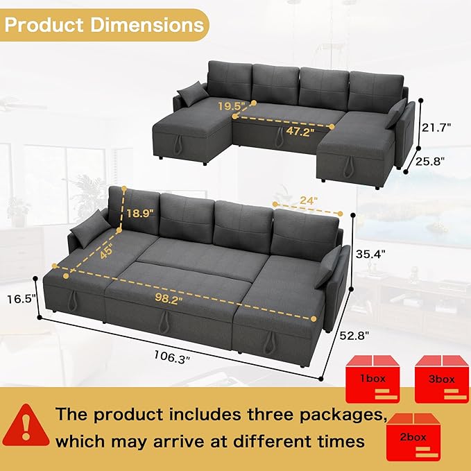 U Shaped Sleeper Sofa: 106 Grey Pull Out Couch with Storage Modern Convertible Sleeper Sofa Bed with Chaise 4 Seater Linen Couch Bed for Living Room