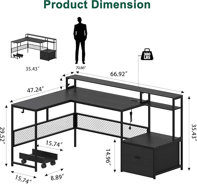 L Shaped Desk with Drawers 66 Home Office Desk with Power Outlet and Led Strip Computer Desk with Storage Shelves &amp Monitor Stand Large Corner Desk Gaming Desk Black