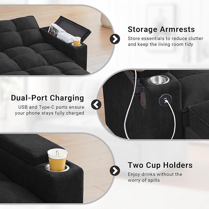 3 in 1 Sofa Bed 65 Inches Convertible Loveseat Sleeper with Side Table Pull Out Couch with 3 Level Adjustable Backrest Chaise Lounge with USB and Type-C Ports for Living Room Jet Black