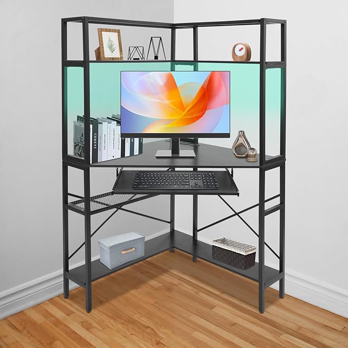 DNYSYSJ Corner Desk with Power Outlets &amp LED Light Strip L-Shaped Computer Desk with USB Ports Spacious Storage Modern Design for Home Office Gaming Study and Small Spaces