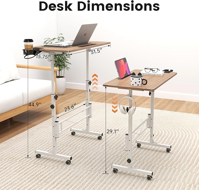 Hadulcet Portable Standing Desk Rolling Desk Adjustable Height Mobile Laptop Desk Small Stand Up Table with Wheels Walking Table for Treadmill Walking Pad Tall Computer Stand Oak
