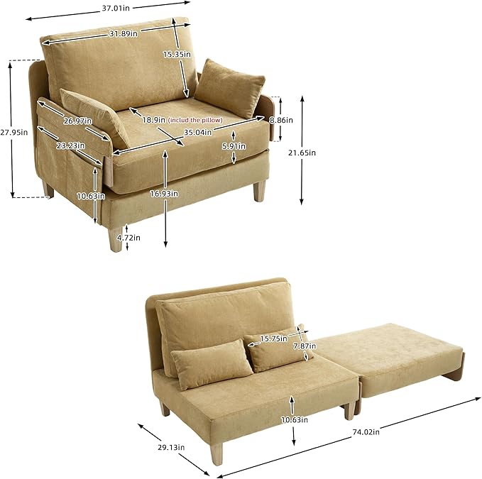 TTK 3-in-1 Foldable Sofa Bed Recliner Sleeper Mid-Century Modern Convertible Sofa Chair with 3 Pillows Space-Saving Design for Small Spaces Bedroom Study &amp Guest Room Yellow