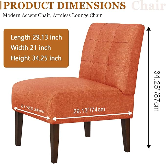 Modern Accent Chair for Living Room Upholstered Armless Slipper Chair with Back &amp Wood Legs Comfy Small Chair for Bedroom Living Room Reading Spaces Office (Orange2)