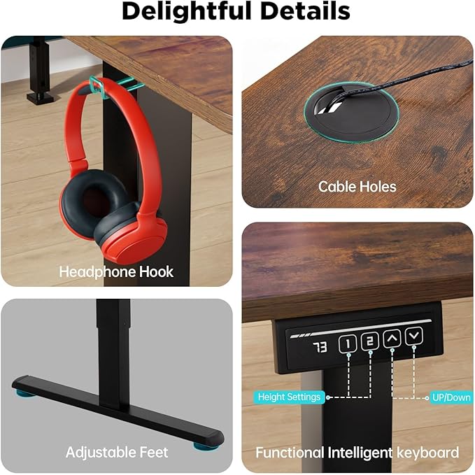 PayLessHere 55 Inch Electric Standing Desk Sit Stand up Desk Home Office Desk with Large Space Headphone Holder 2 Memory Function for HomeOfficeMeeting Room (Brown)