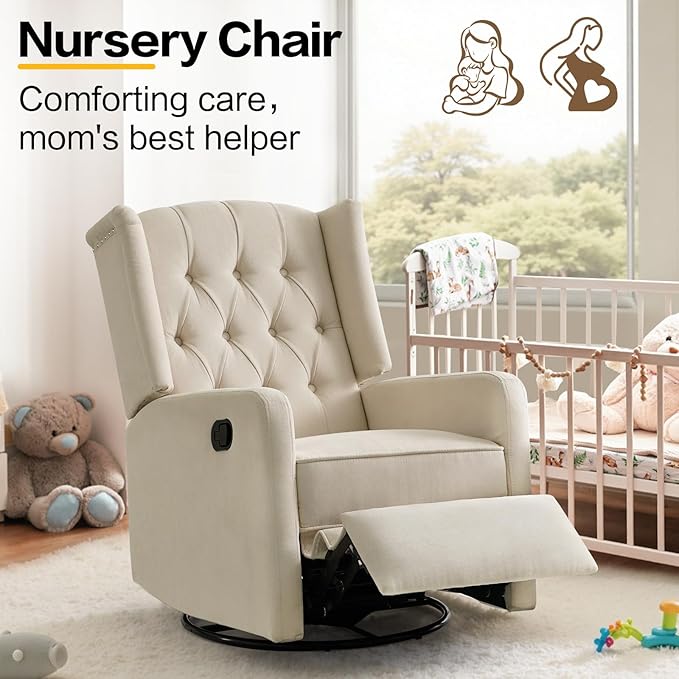ABAKAN Swivel Rocker Recliner Chair 360 Degree Nursery Rocking Recliner Linen Glider Chair with Button Tufted Wingback Chair for Living Room BedroomAsh Beige