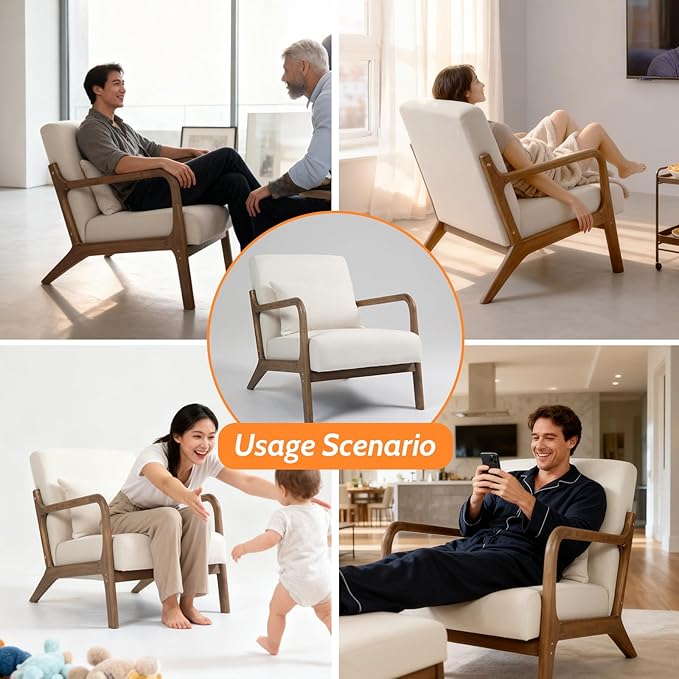 Modern Accent Chair Cotton Linen Fabric Upholstered Lounge Armchair with Solid Wood Frame for Living Room Bedroom Reading Nook (White1)