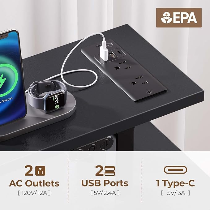 Seventable Computer Desk 55.1 with LED Lights &amp Power Outlets Home Office Desk with 4 Drawers Writing Desk with Keyboard Tray Study De sk with Monitor Stand Work for Home Office Black