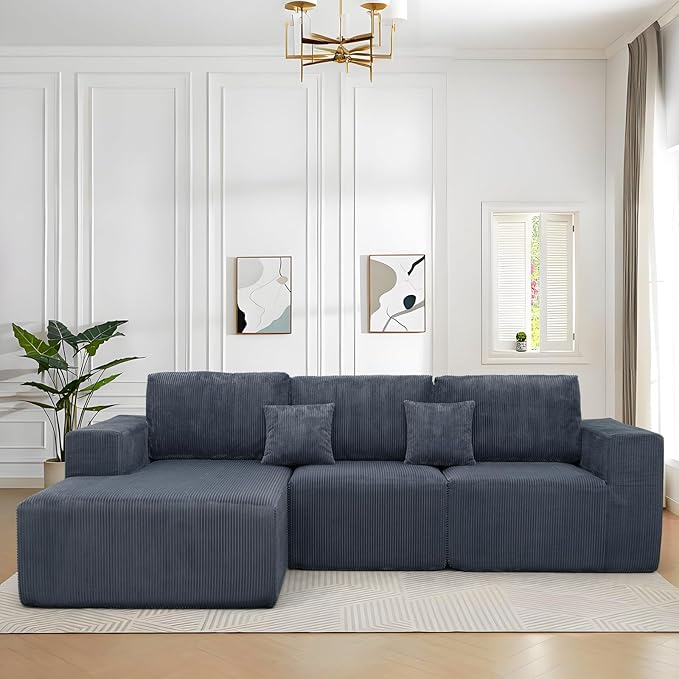 3 Pieces Boneless Couches for Living Room L-Shape Chaise Cloud Couch Modular Sectional Deep Seat 111 Compressed Couches for Living Room Bedroom Plush Corduroy Fabric No Assembly Required Dark Grey