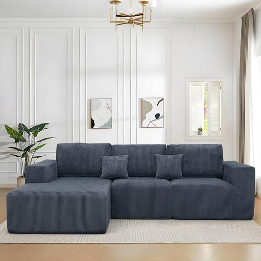 3 Pieces Boneless Couches for Living Room L-Shape Chaise Cloud Couch Modular Sectional Deep Seat 111 Compressed Couches for Living Room Bedroom Plush Corduroy Fabric No Assembly Required Dark Grey
