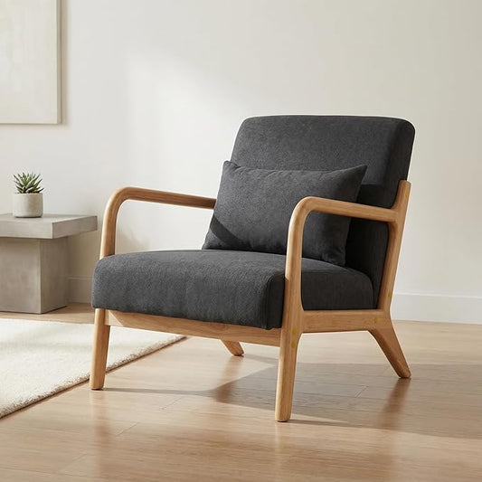 Modern Accent Chair Cotton Linen Fabric Upholstered Lounge Armchair with Solid Wood Frame for Living Room Bedroom Reading Nook (Grey)