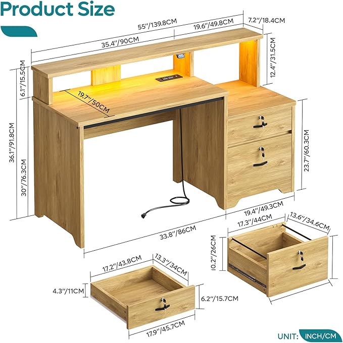 Bestier 55 Computer Desk with Power Outlets &amp LED Lights Home Office Desk with Lockable File Drawer &amp Printer Shelf Monitor Stand Modern Workstation for Gaming Study Natural Oak