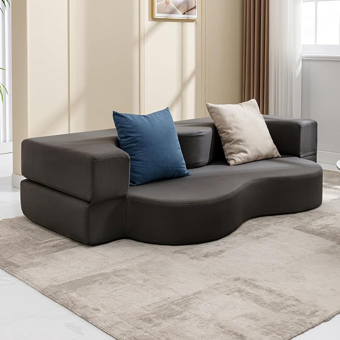 PUREMIND Queen Folding Floor Sofa Bed Lazy Foam Floor Couch Bed with Leathaire Fabrics Convertible Fold Out Sleeper Sofa Bed 2 in 1 Foldable Sofa Bed for Living Room/Apartment/Office