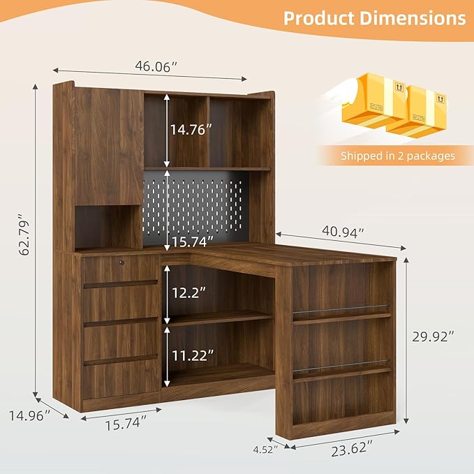 L Shaped Desk with Hutch and 4 Drawers Computer Desk with USB Ports Power Outlets &amp LED Light Wood Corner Computer Desks with Storage Shelves for Home Office Brown Right Long