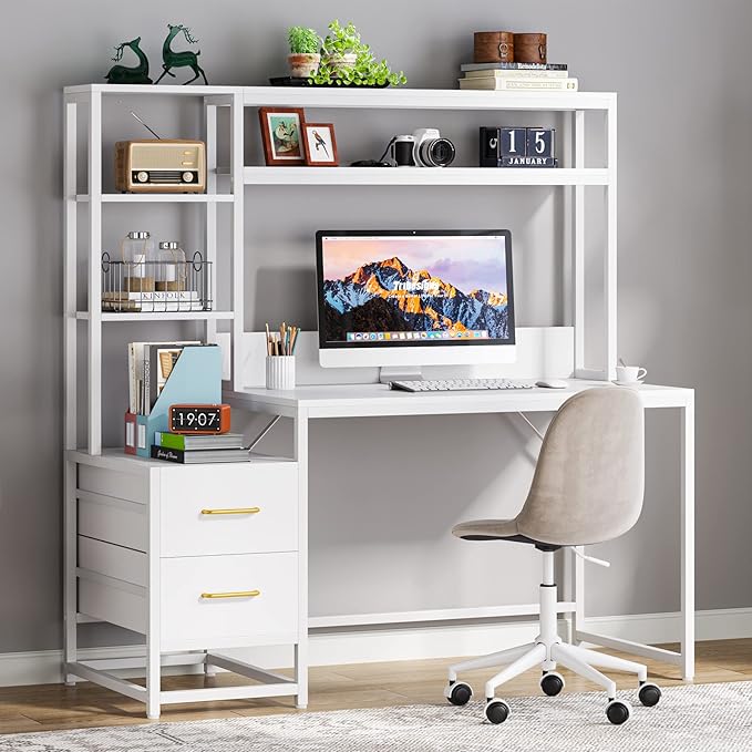 LITTLE TREE Computer Desk with Drawers and Hutch Rustic Office Desk with Storage Shelves for Home Office