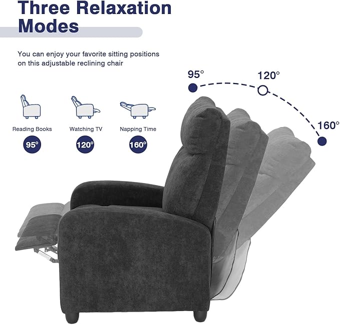 Compact Reclining Chair Linen Upholstered Single Recliner Sofa Chair with Adjustable Backrest &amp Footrest Ideal for Home Living Room Bedroom Office Black