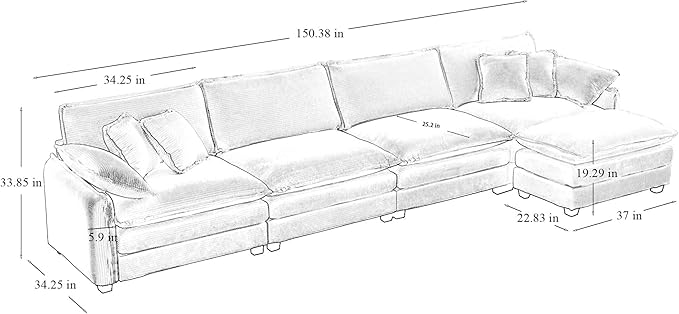 115.34 Modular Sectional Couch 3 Seat Extra Deep Corduroy Sofa with Ottoman Footrest 2 Arm Pillows &amp 3 Throw Pillows Modern Upholstered Comfy Couches for Living Room Bedroom Apartment Green