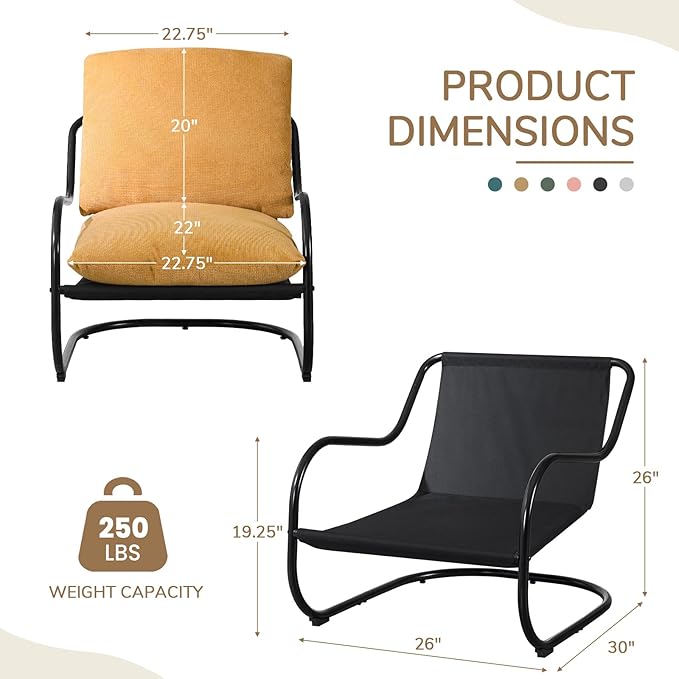 Peace nest Modern Accent Chair Comfy Living Room Suspended Chair Bedroom Armchair with Mental Frame Comfortable Upholstered Cushion for Balcony Lounge Reading Meeting Room Yellow